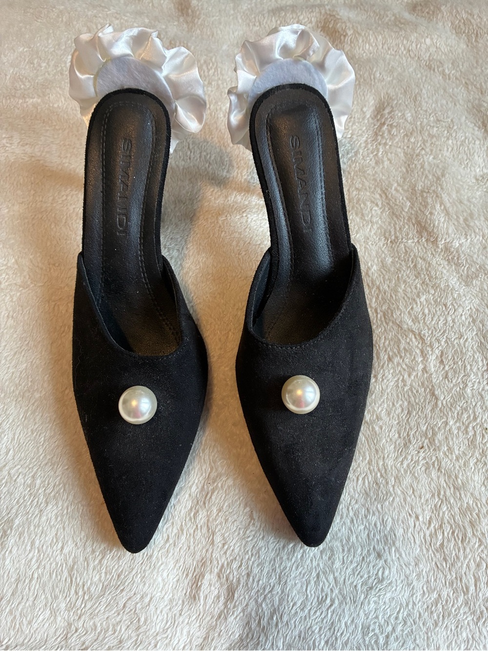 Black Suede Pointed Pearl-Accent Backless Mules Size 38/7